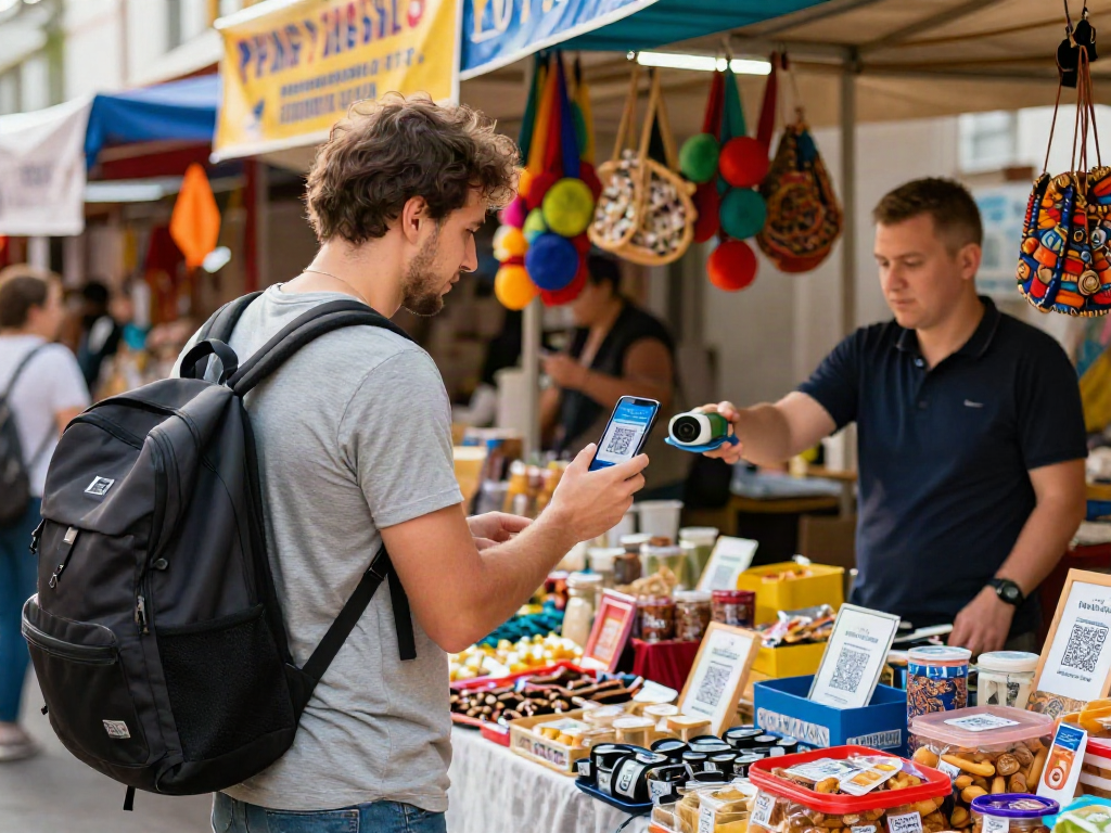 El uso de https://payinrussia.com/ en un mercado ruso vibrante, donde un viajero paga con un código QR.