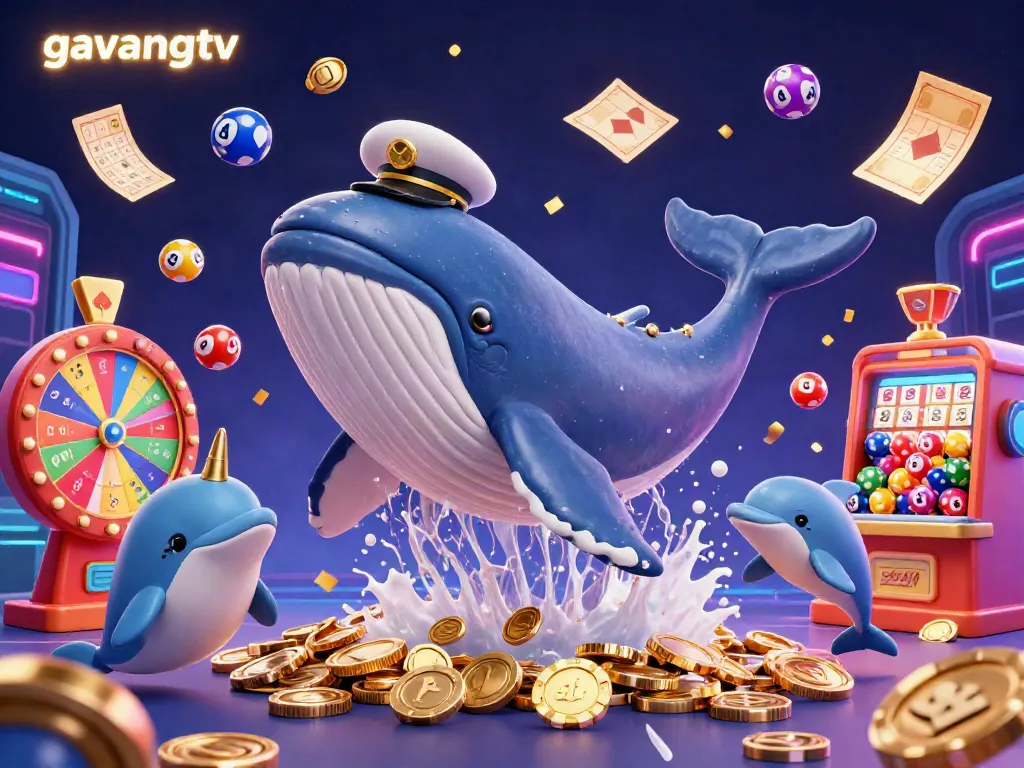 Engage with the vibrant casino adventure at gavangtv featuring playful dolphins, a captain whale, and colorful lottery elements.