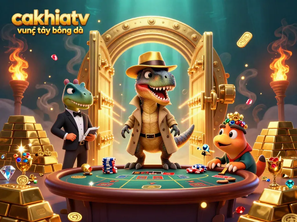 Watch cakhiatv trực tiếp bóng đá featuring an animated velociraptor at a blackjack table with golden treasures.
