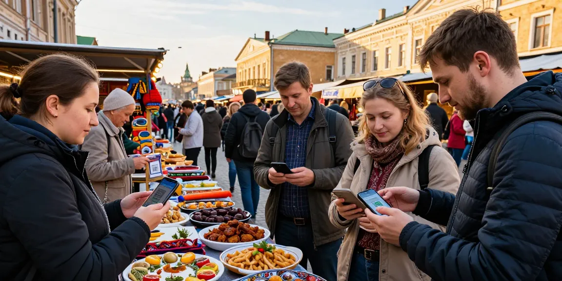 Los viajeros en un mercado ruso usando https://payinrussia.com/ para pagar digitalmente mientras disfrutan de la cultura local.