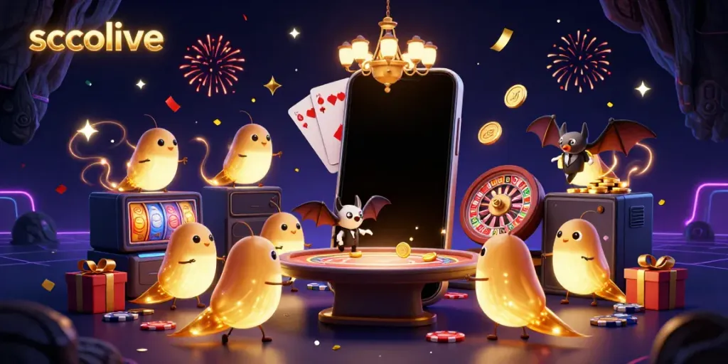 Experience gaming excitement with socolive in a vibrant 3D casino scene featuring glowworms and a bat dealer.