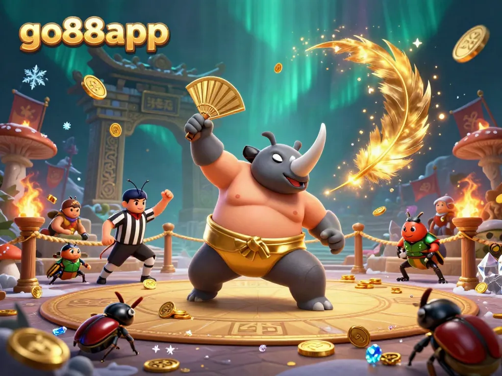 Watch the epic battle at go88app with a sumo beetle champion and dynamic coins flying!