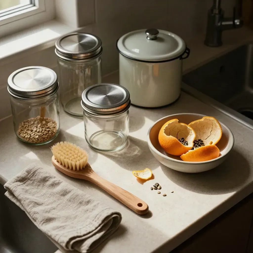 Överifrån sett köksbänk med glasburkar, komposthink, diskborste, linnehandduk och citrusskal.