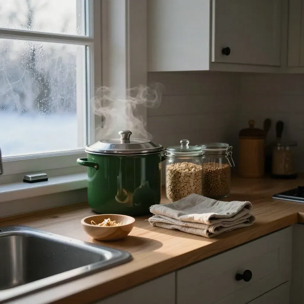 Svenskt kök i gryningsljus med komposthink, glasburkar, linnpåsar och peelings.