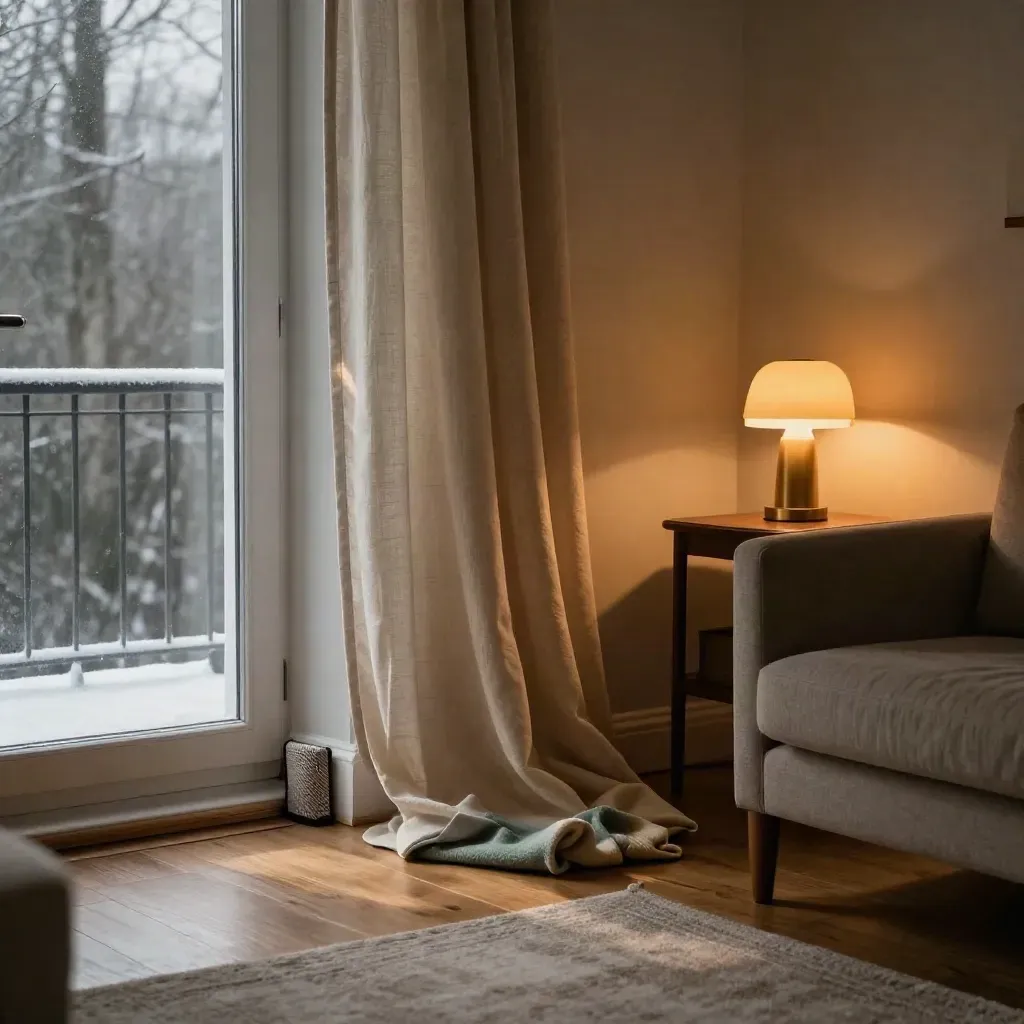Mörkt vardagsrumshörn med gardiner, filt, dörrstopp och varm lampa i vinterkväll.