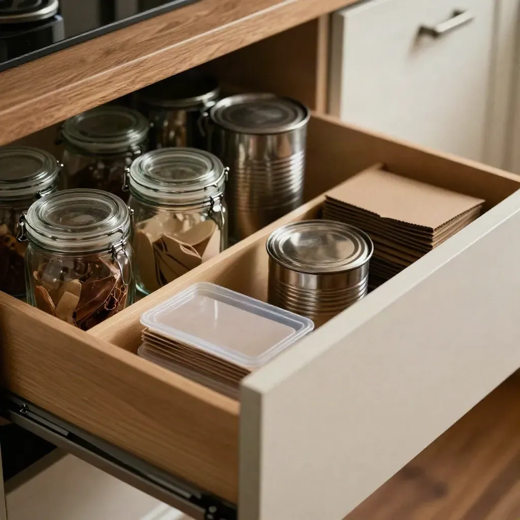 Öppen kökslåda med sortering av glas, kartong, plast och metall i naturligt ljus.
