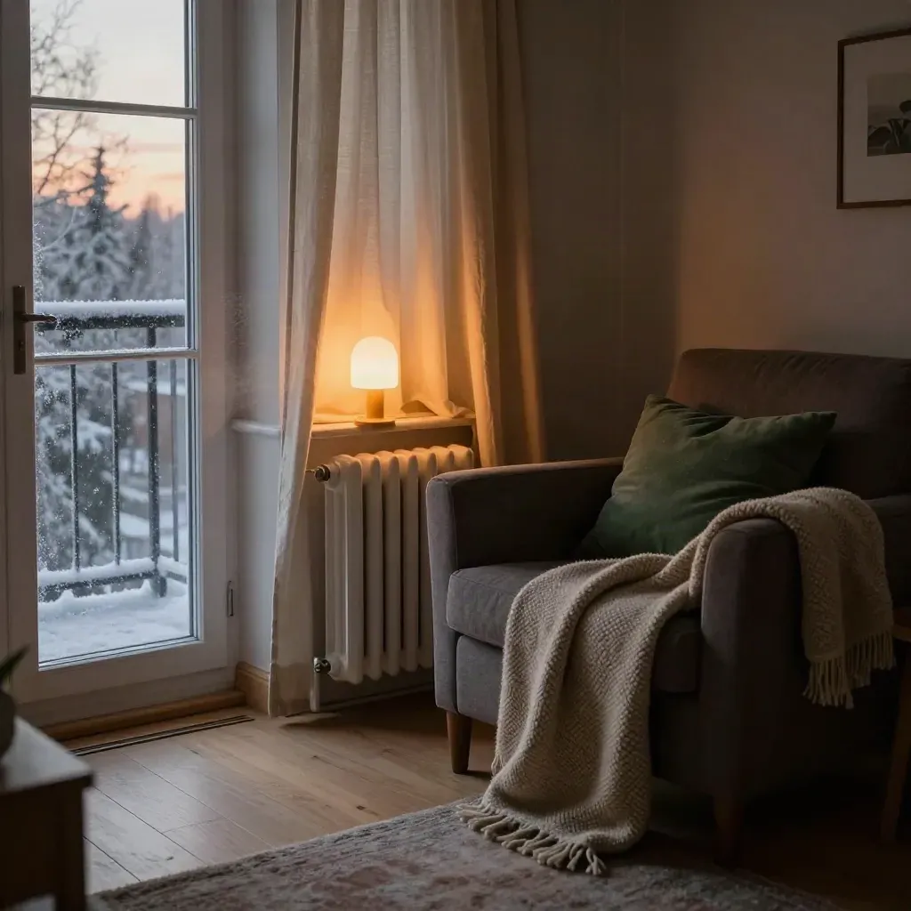 Varmt vardagsrum med element, ullpläd och balkongdörr i vintermörker