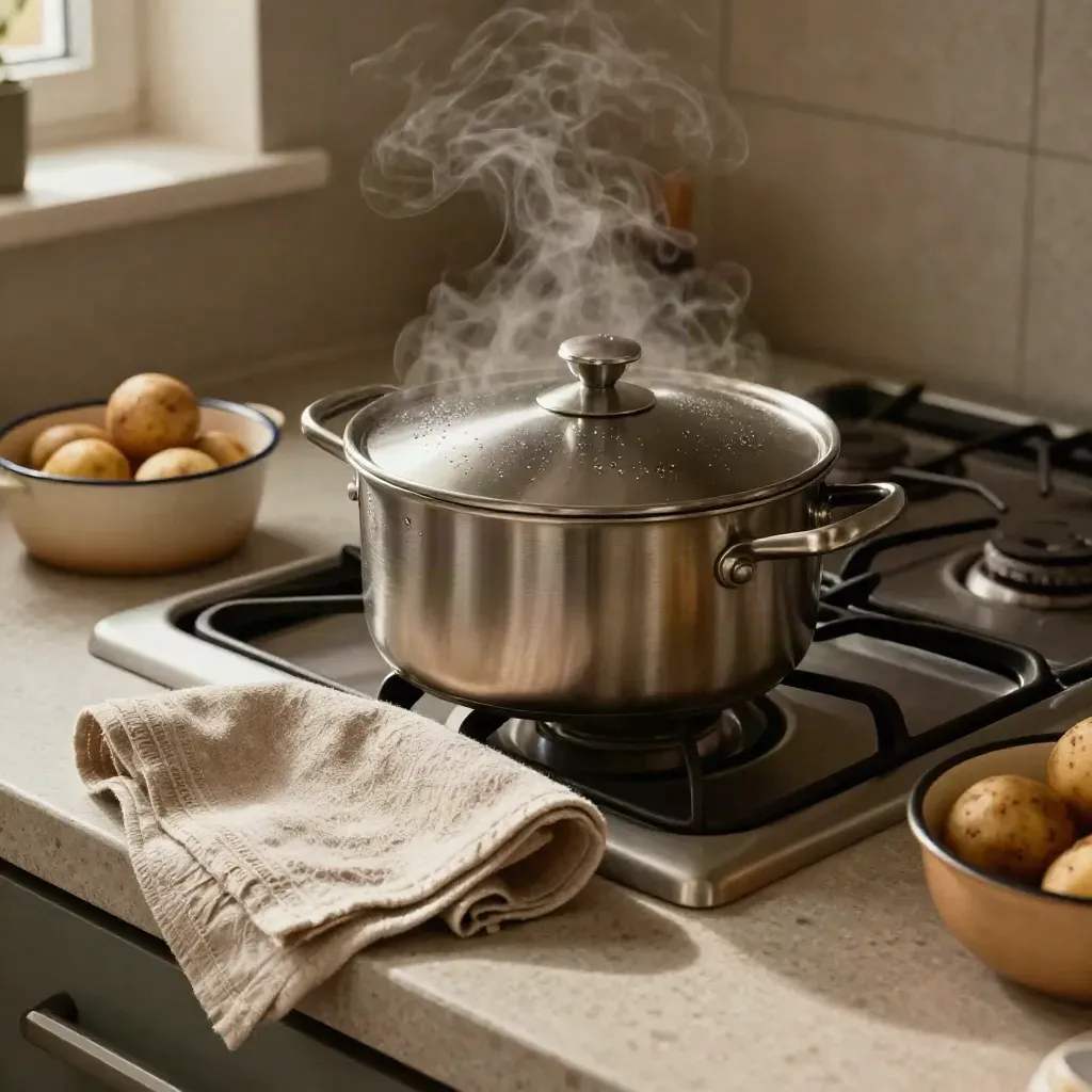 Toppvy över spis med täckt kastrull, lock, kökshandduk och liten kastrull med potatis.