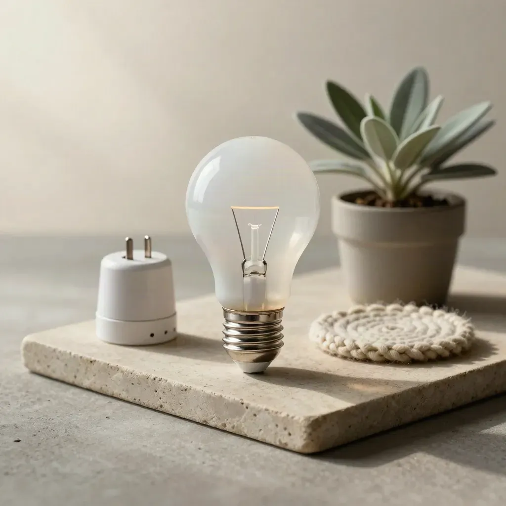 Frostad LED-lampa med timerkontakt, ullunderlägg och liten växt på stenbricka.