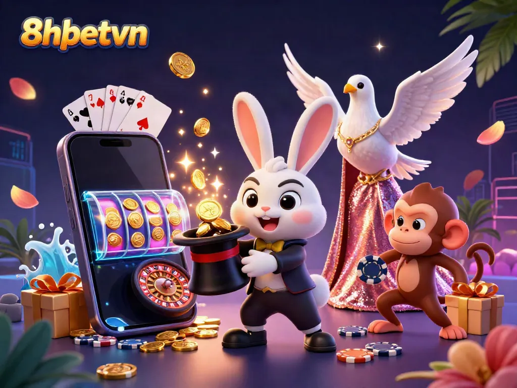 8xbetvn showcases a vibrant casino scene with a magician rabbit, glamorous dove, and monkey in action.