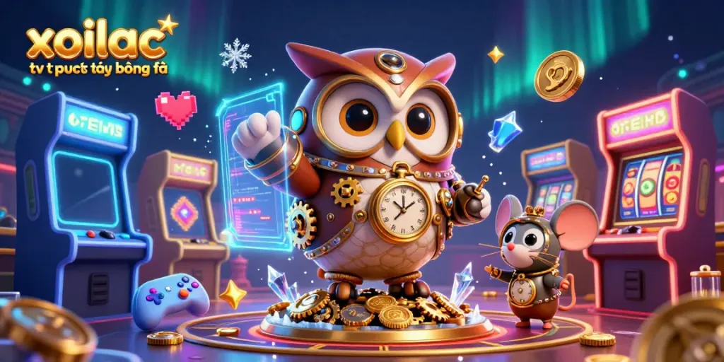 Experience gaming excitement with xoilac tv trực tiếp bóng đá, featuring dynamic characters within a vibrant casino environment.