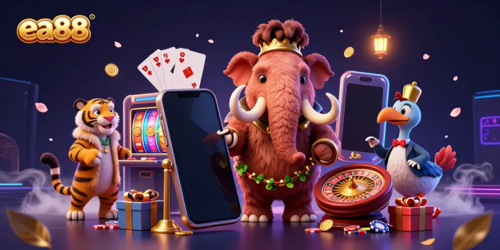 Engage with the vibrant ea88 casino scene featuring dynamic characters, slot games, and festive elements.