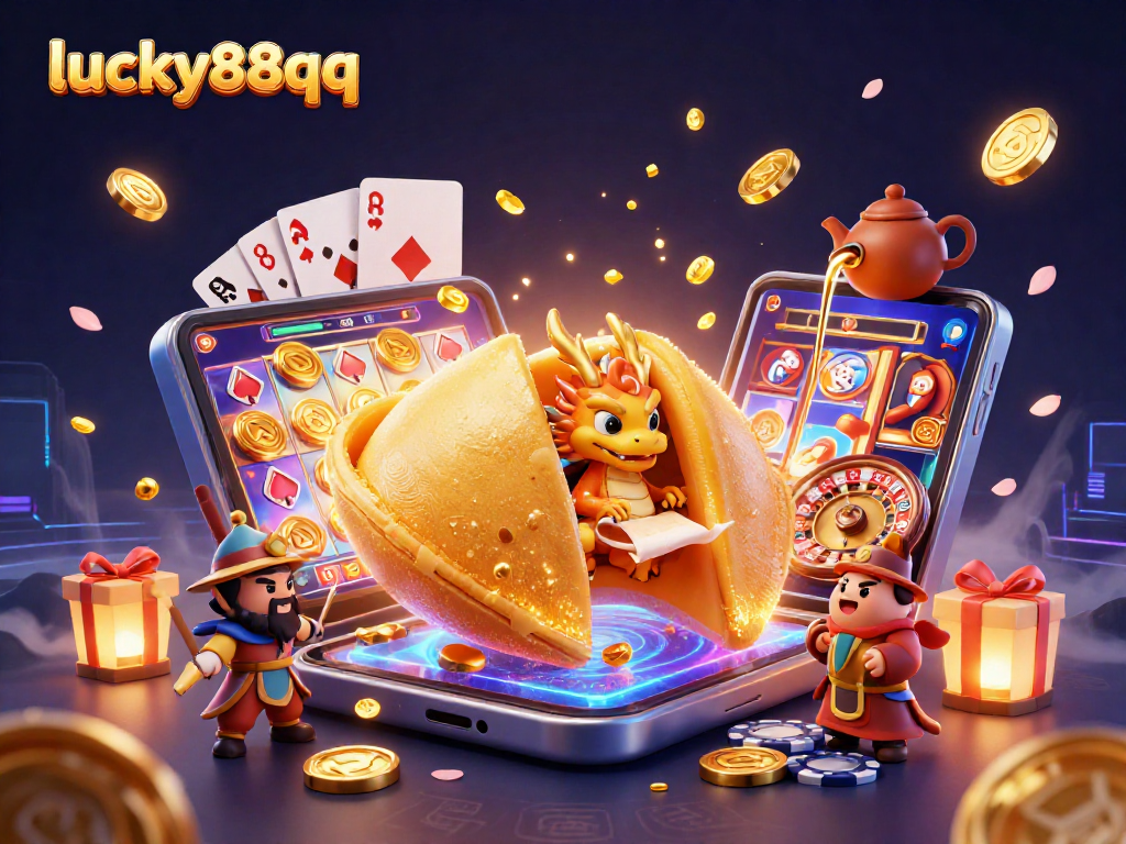 Engage with lucky88qq's thrilling game features featuring a golden fortune cookie with gaming elements.