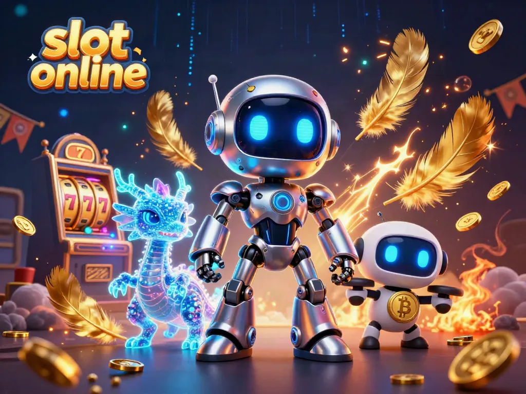 Engage with immersive slot online action featuring a cyberpunk robot, AI dragon, and vibrant casino elements.