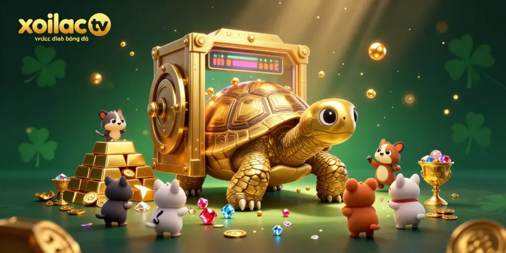 Xoilac tv trực tiếp bóng đá visualizes a dynamic scene with a golden tortoise and vibrant casino elements.