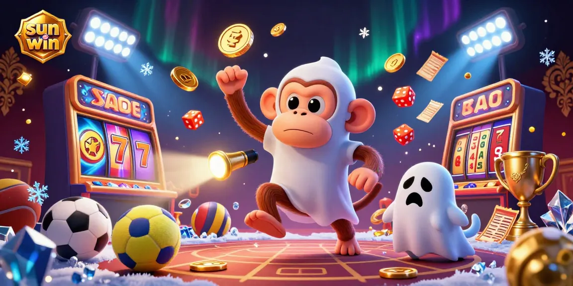 Experience thrilling gaming with sun win in this lively casino scene featuring a poltergeist monkey and a curious puppy.