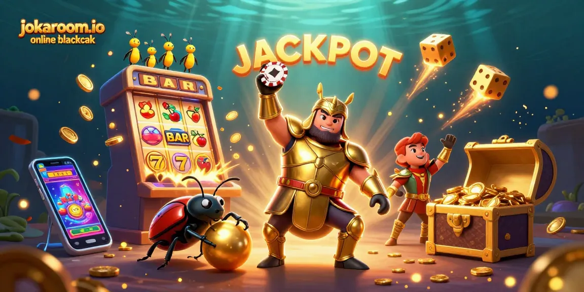 Experience winnings with jokaroom.io online blackjack as vibrant 3D characters celebrate with slots and chips.