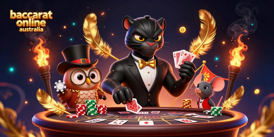 Baccarat online Australia scene featuring a stylish black panther dealer, an owl holding poker chips, and a lucky mouse, all amidst dynamic casino elements.