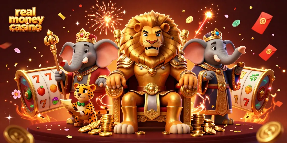 Experience the thrill of a real money casino adventure with a royal lion and dynamic game elements.