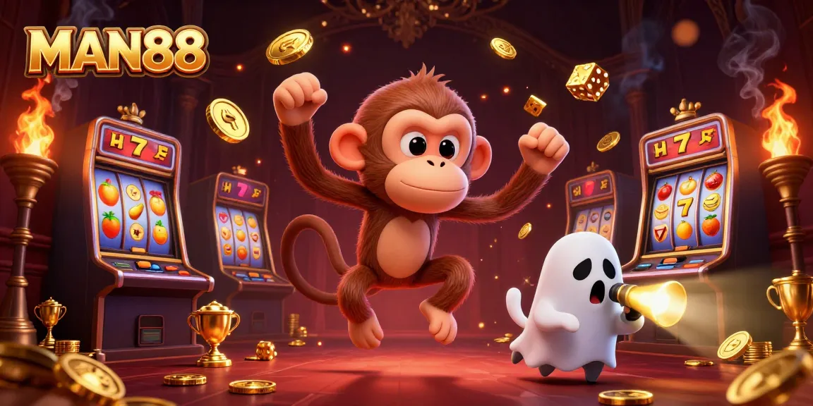 Experience the thrill of MAN88 as a poltergeist monkey juggles winning coins in a vibrant, haunted casino.
