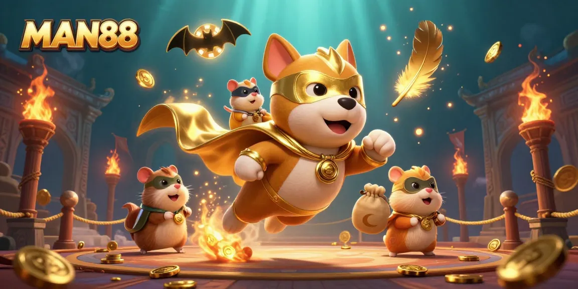 MAN88 invites players to join a dynamic gaming adventure with a superhero dog and hamster in a vibrant casino scene.
